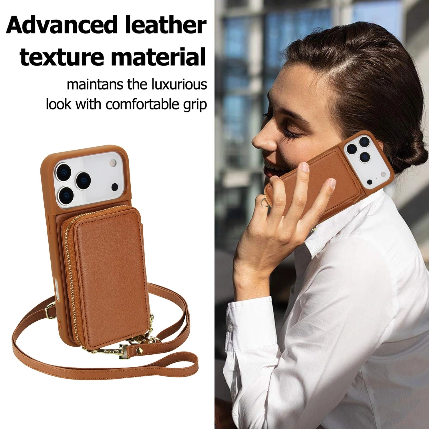 Luxury iPhone Case — Crossbody Zipper Wallet Flip Leather Cover with Card Slot, RFID Pocket and Secure Shoulder Strap Design