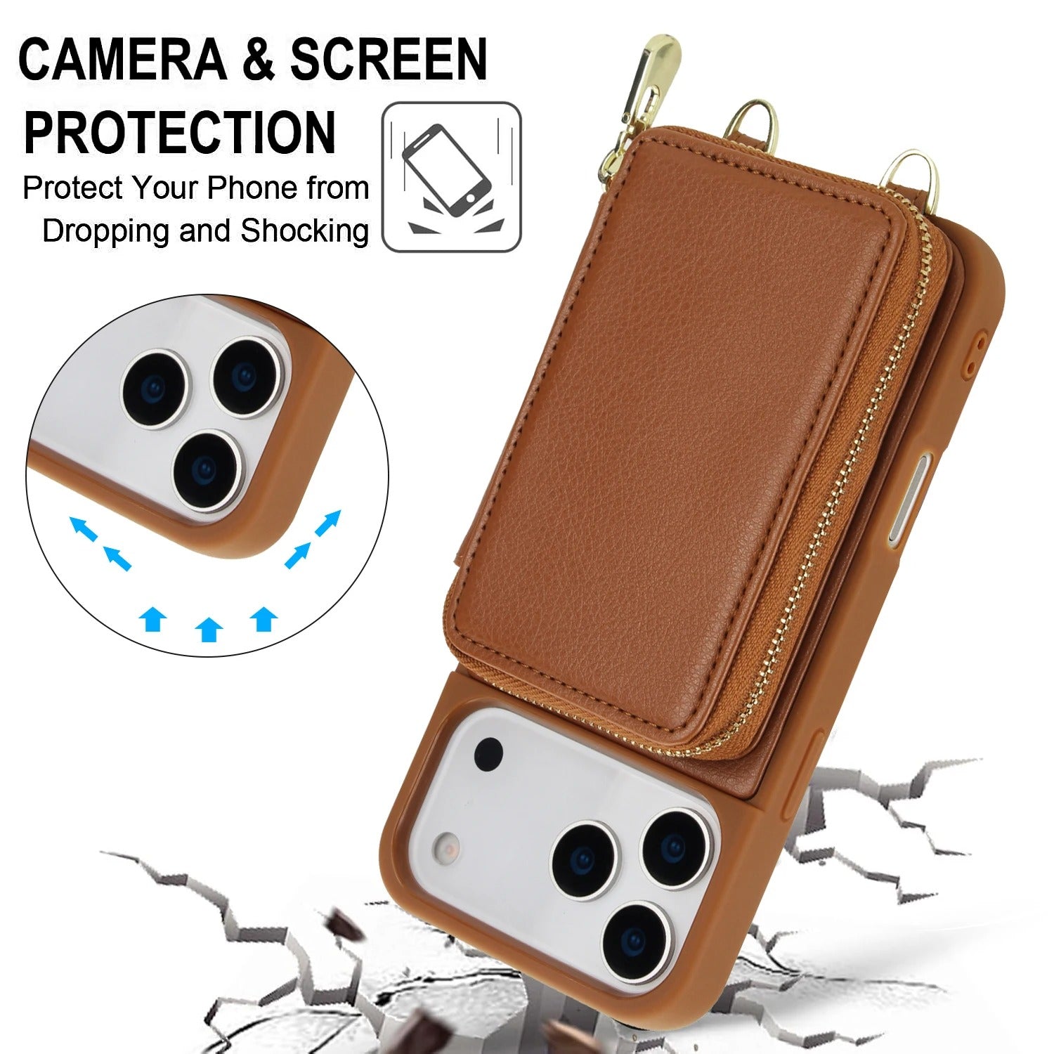 Luxury iPhone Case — Crossbody Zipper Wallet Flip Leather Cover with Card Slot, RFID Pocket and Secure Shoulder Strap Design