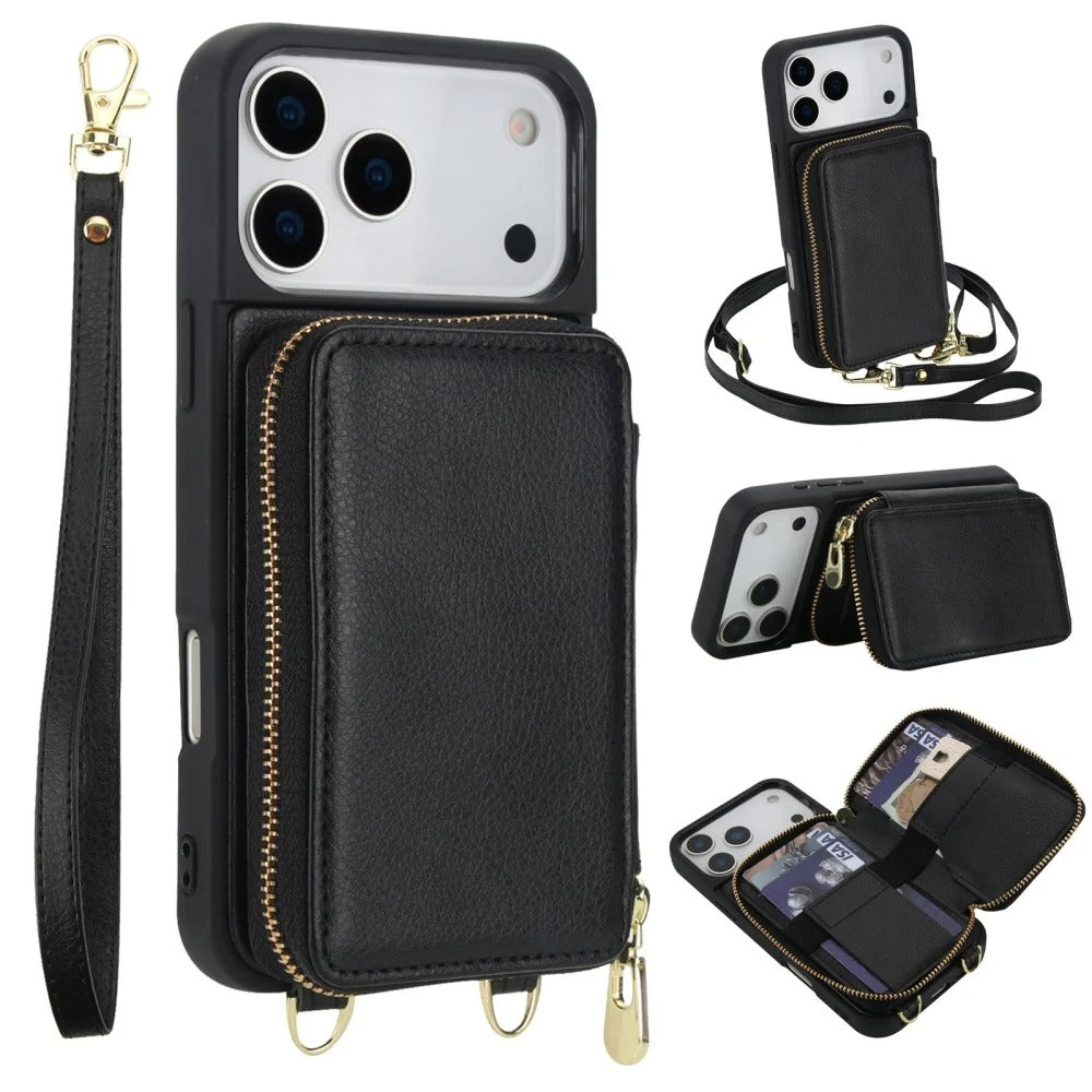 Luxury iPhone Case — Crossbody Zipper Wallet Flip Leather Cover with Card Slot, RFID Pocket and Secure Shoulder Strap Design