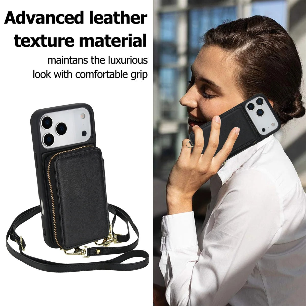 Luxury iPhone Case — Crossbody Zipper Wallet Flip Leather Cover with Card Slot, RFID Pocket and Secure Shoulder Strap Design