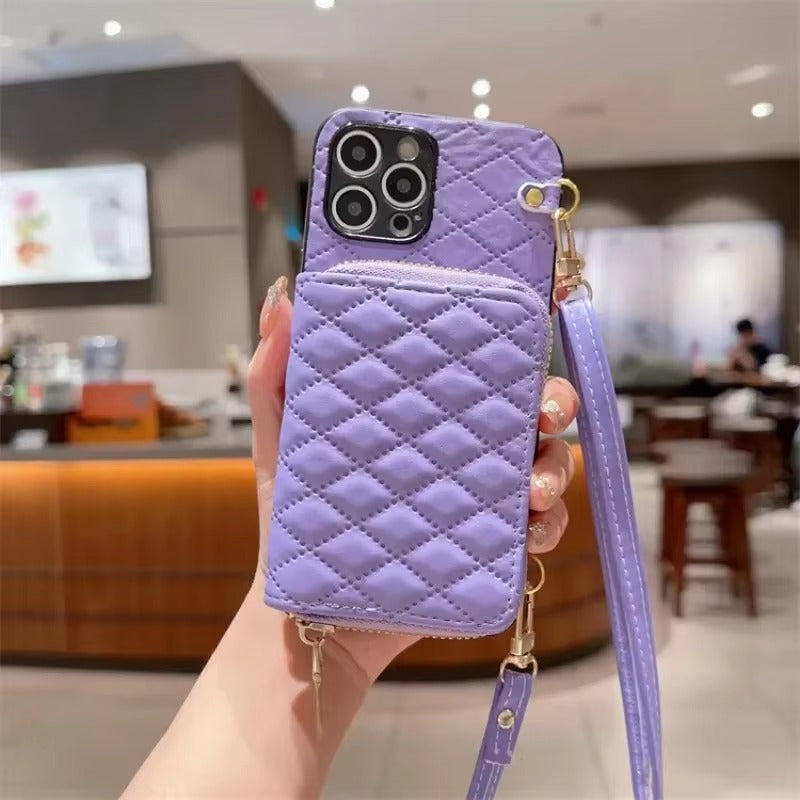Luxury iPhone Case — Crossbody Zipper Wallet Leather Cover with Card Storage, Lanyard Strap, Anti-Fingerprint Anti-Scratch Protection & Durable Hard-Back Design
