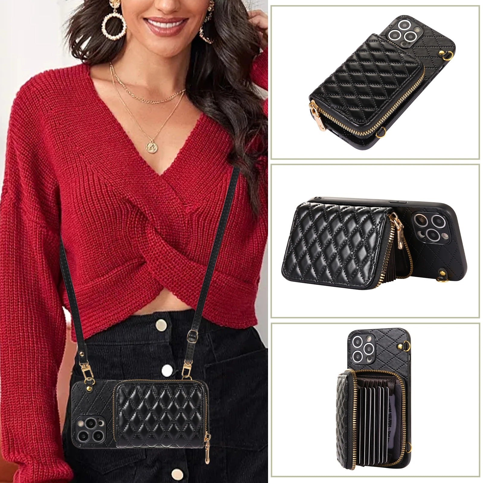 Luxury iPhone Case — Crossbody Zipper Wallet Leather Cover with Card Storage, Lanyard Strap, Anti-Fingerprint Anti-Scratch Protection & Durable Hard-Back Design