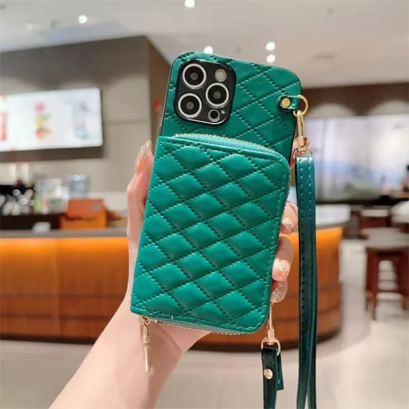 Luxury iPhone Case — Crossbody Zipper Wallet Leather Cover with Card Storage, Lanyard Strap, Anti-Fingerprint Anti-Scratch Protection & Durable Hard-Back Design