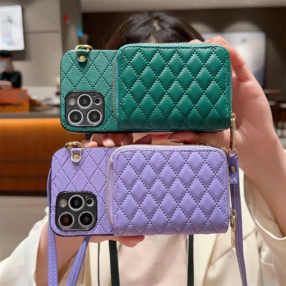 Luxury iPhone Case — Crossbody Zipper Wallet Leather Cover with Card Storage, Lanyard Strap, Anti-Fingerprint Anti-Scratch Protection & Durable Hard-Back Design