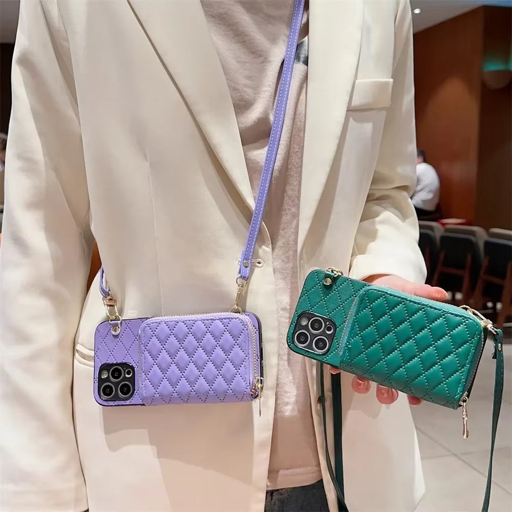 Luxury iPhone Case — Crossbody Zipper Wallet Leather Cover with Card Storage, Lanyard Strap, Anti-Fingerprint Anti-Scratch Protection & Durable Hard-Back Design