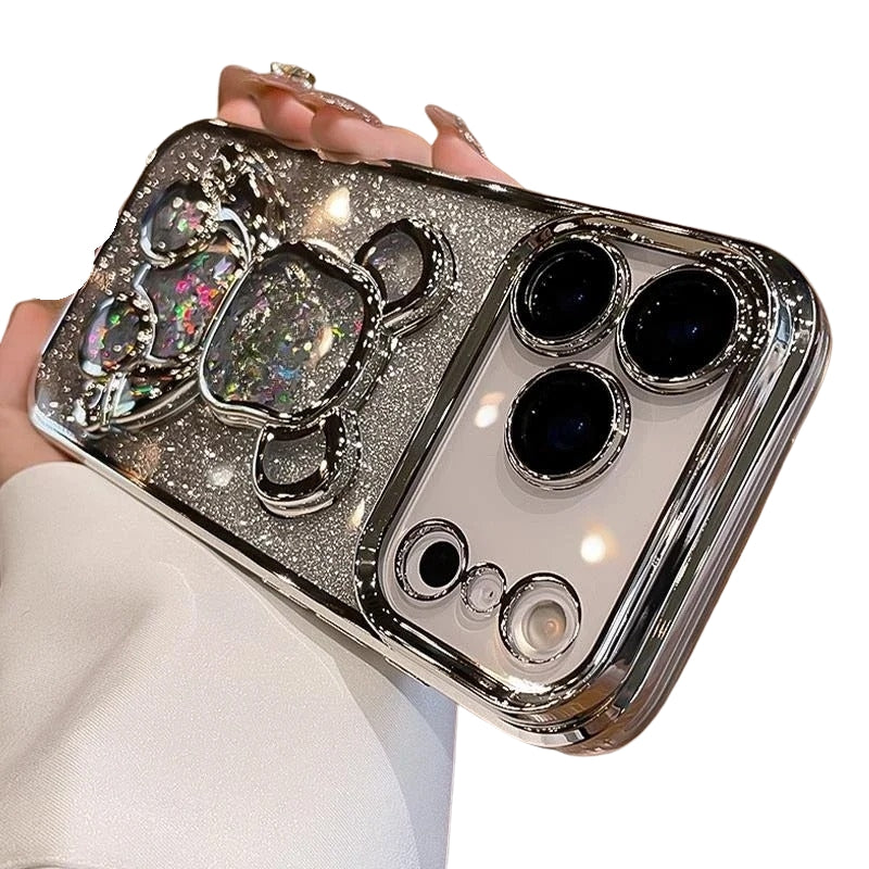 Luxury iPhone Case — Cute Glitter Quicksand Bear Cover with Plating Camera Protector, Shockproof Water-Resistant Acrylic Design & Dustproof Cartoon Style