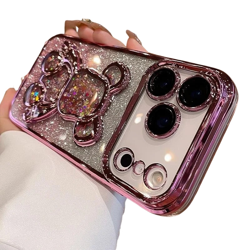 Luxury iPhone Case — Cute Glitter Quicksand Bear Cover with Plating Camera Protector, Shockproof Water-Resistant Acrylic Design & Dustproof Cartoon Style