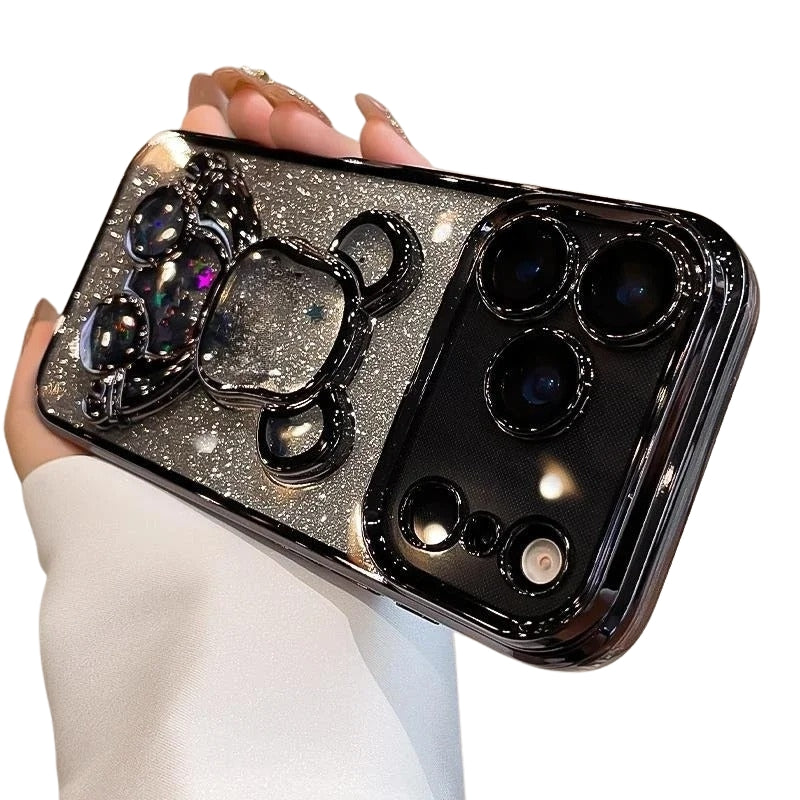 Luxury iPhone Case — Cute Glitter Quicksand Bear Cover with Plating Camera Protector, Shockproof Water-Resistant Acrylic Design & Dustproof Cartoon Style