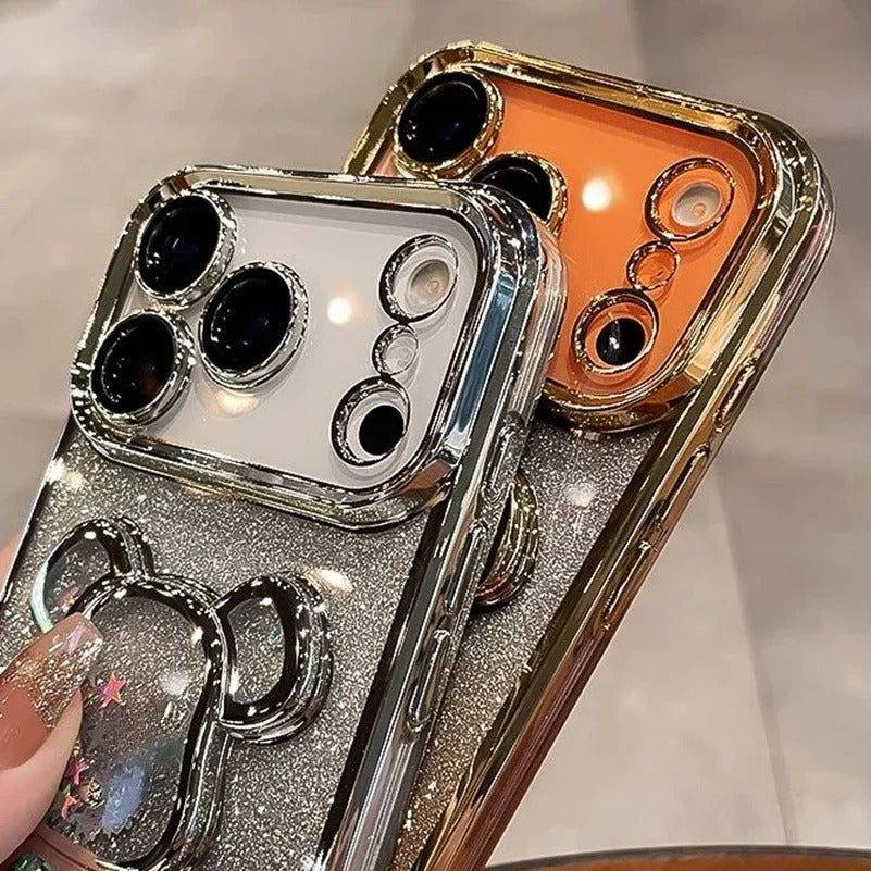 Luxury iPhone Case — Cute Glitter Quicksand Bear Cover with Plating Camera Protector, Shockproof Water-Resistant Acrylic Design & Dustproof Cartoon Style