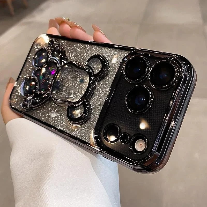 Luxury iPhone Case — Cute Glitter Quicksand Bear Cover with Plating Camera Protector, Shockproof Water-Resistant Acrylic Design & Dustproof Cartoon Style