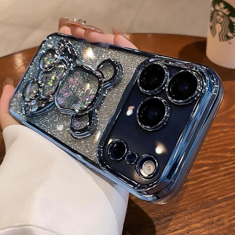 Luxury iPhone Case — Cute Glitter Quicksand Bear Cover with Plating Camera Protector, Shockproof Water-Resistant Acrylic Design & Dustproof Cartoon Style