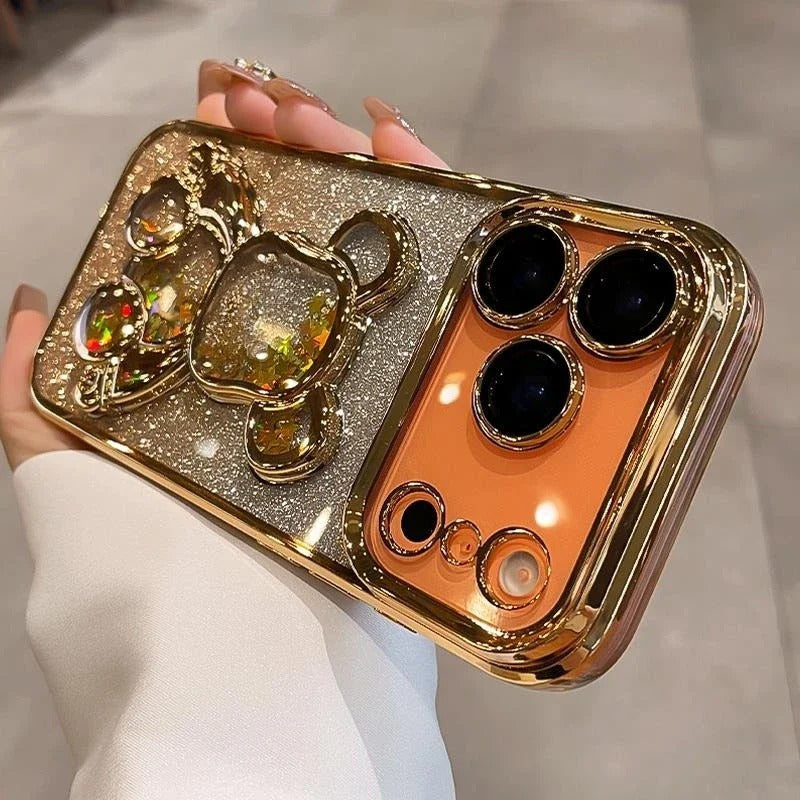 Luxury iPhone Case — Cute Glitter Quicksand Bear Cover with Plating Camera Protector, Shockproof Water-Resistant Acrylic Design & Dustproof Cartoon Style