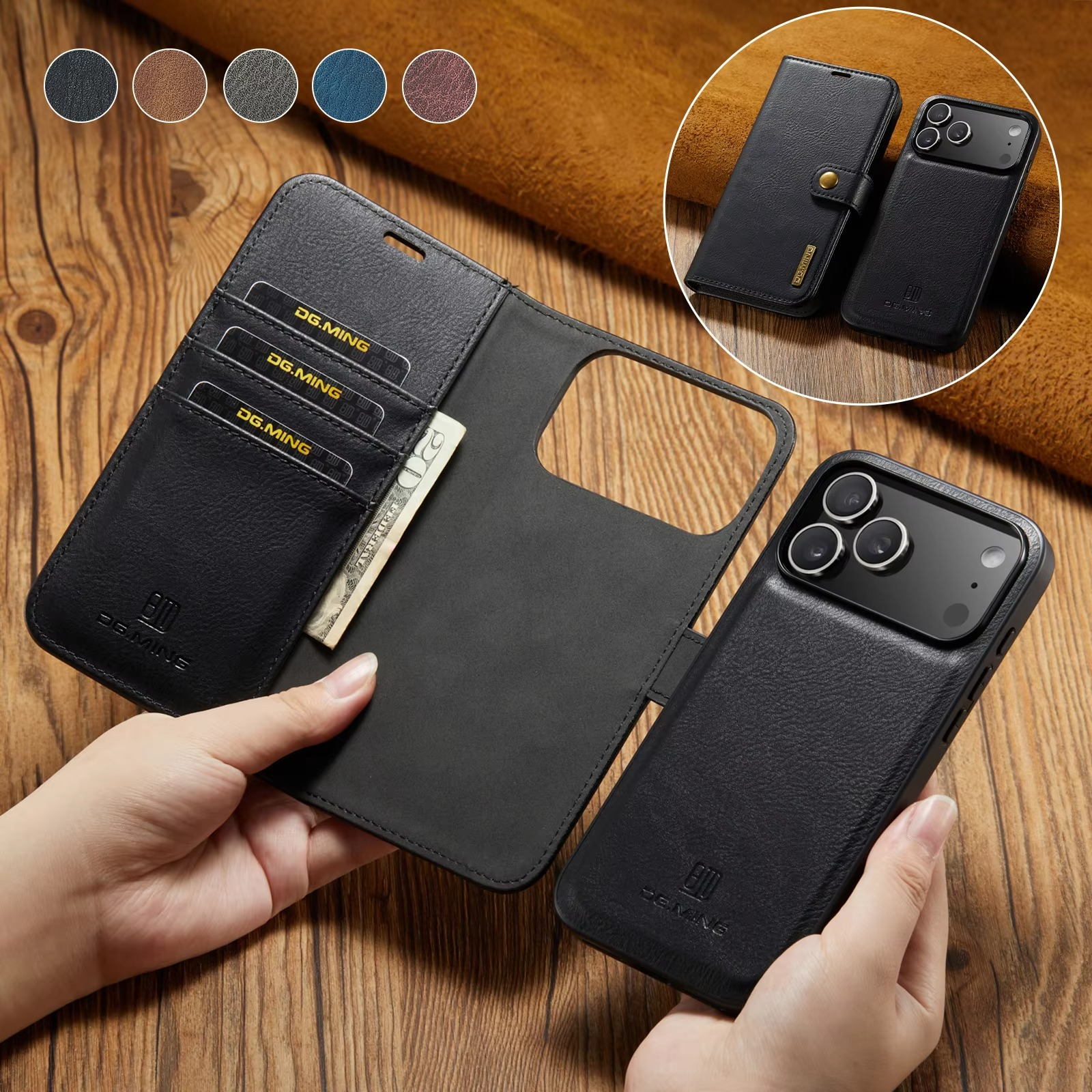 Luxury iPhone Case — Detachable Magnetic Leather Wallet Cover with Card Holder, Flip Design and Protective Full-Body Finish