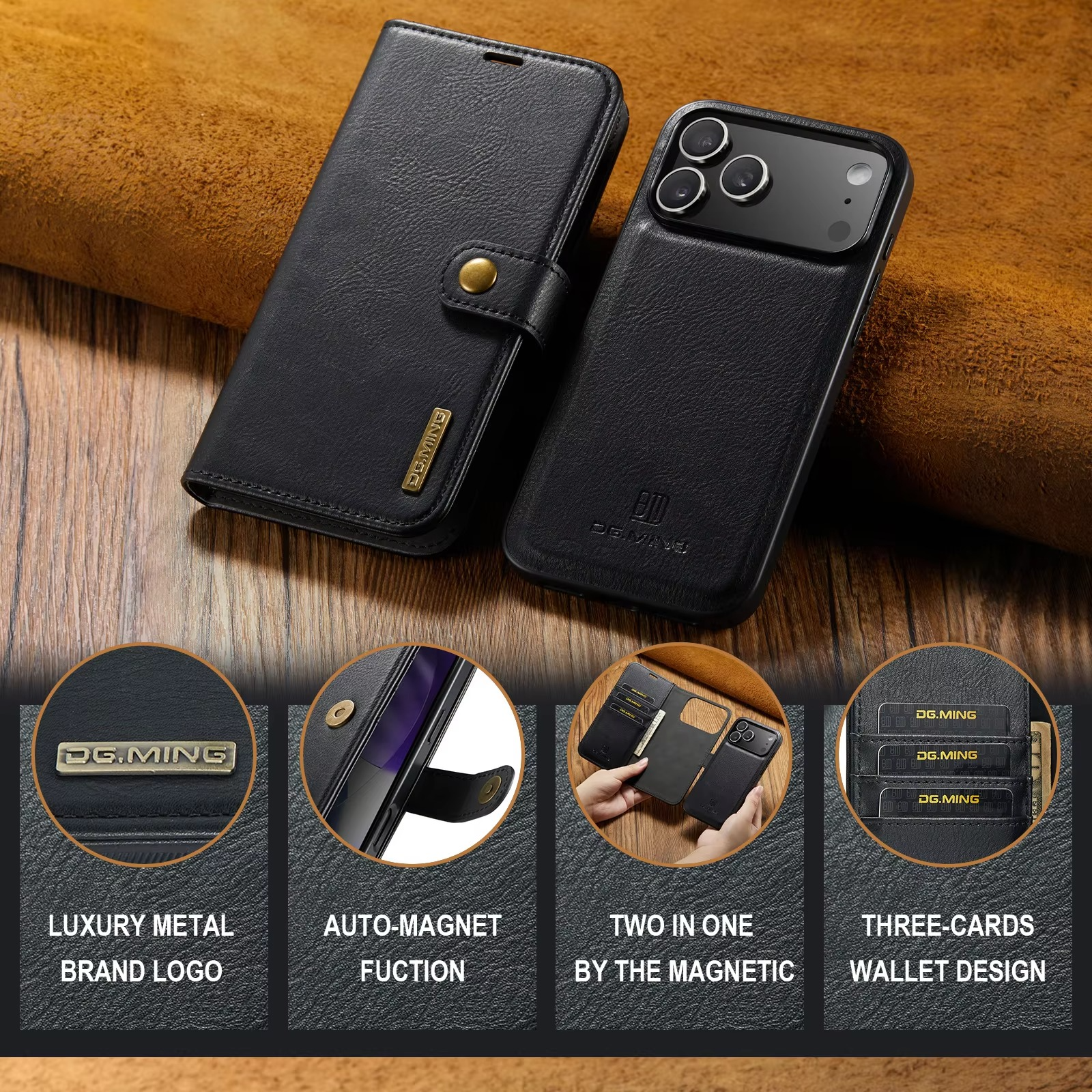 Luxury iPhone Case — Detachable Magnetic Leather Wallet Cover with Card Holder, Flip Design and Protective Full-Body Finish