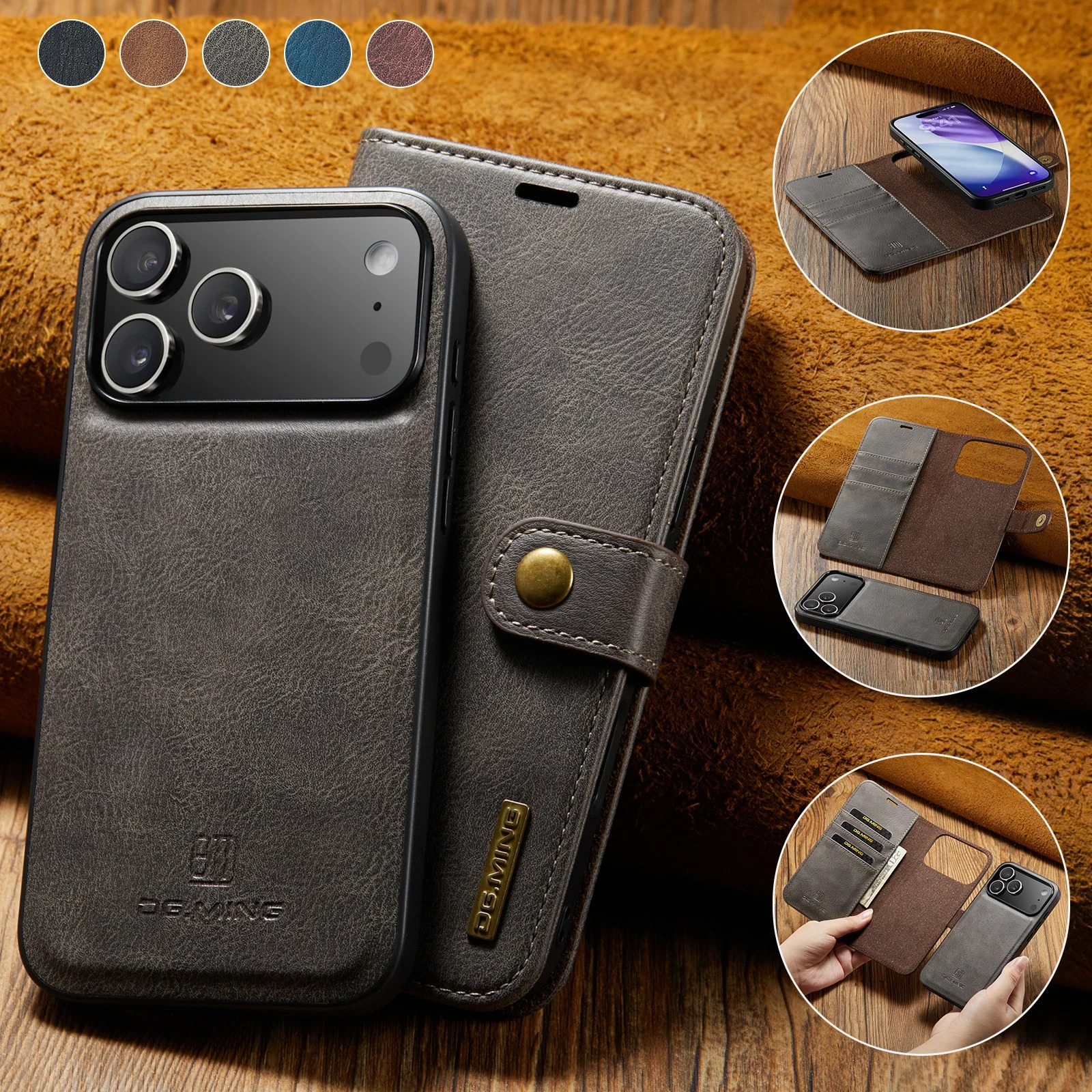 Luxury iPhone Case — Detachable Magnetic Leather Wallet Cover with Card Holder, Flip Design and Protective Full-Body Finish