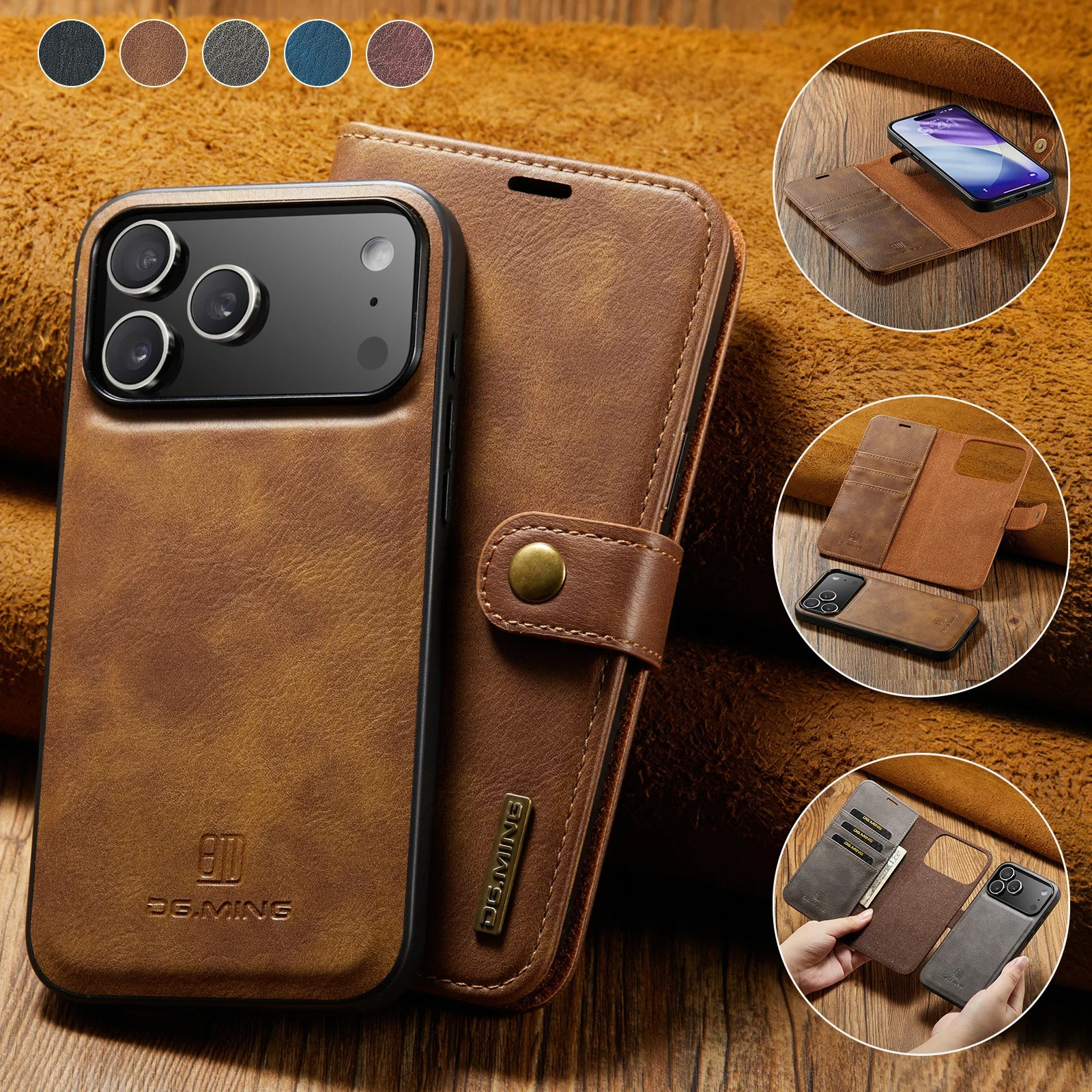 Luxury iPhone Case — Detachable Magnetic Leather Wallet Cover with Card Holder, Flip Design and Protective Full-Body Finish