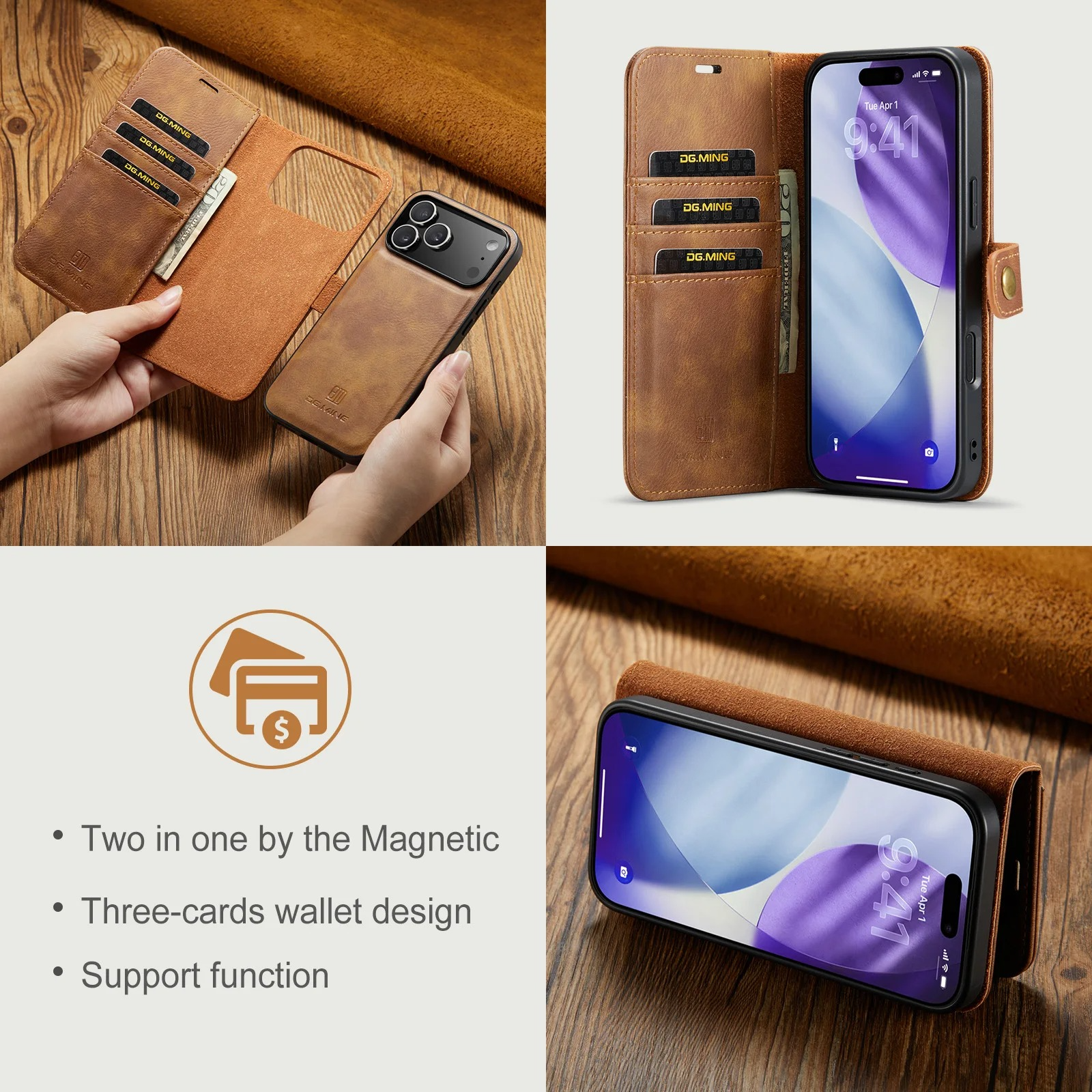 Luxury iPhone Case — Detachable Magnetic Leather Wallet Cover with Card Holder, Flip Design and Protective Full-Body Finish