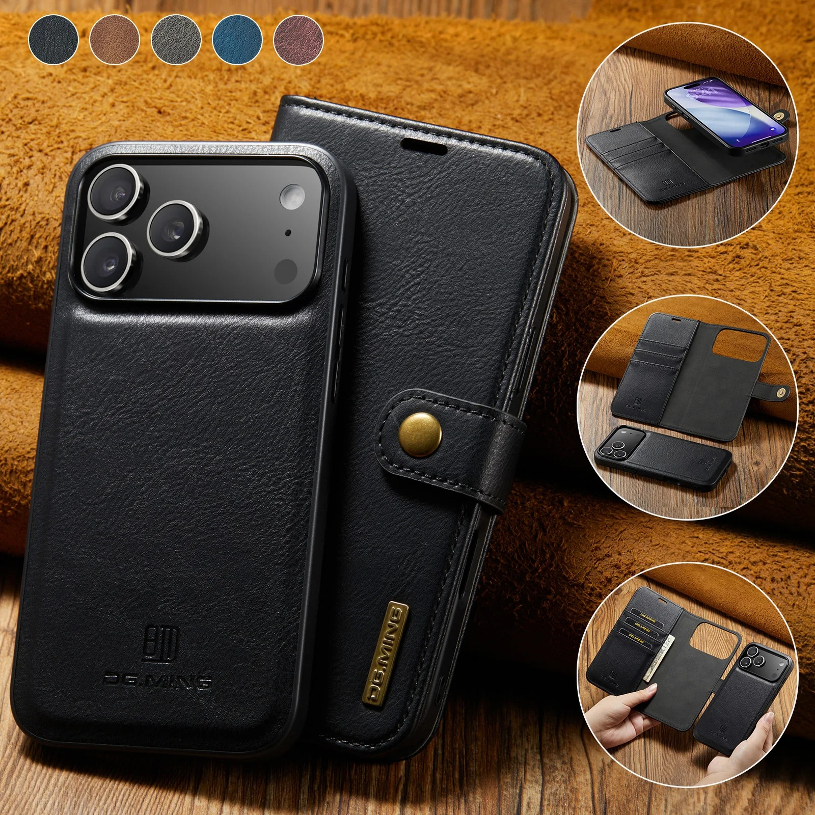 Luxury iPhone Case — Detachable Magnetic Leather Wallet Cover with Card Holder, Flip Design and Protective Full-Body Finish