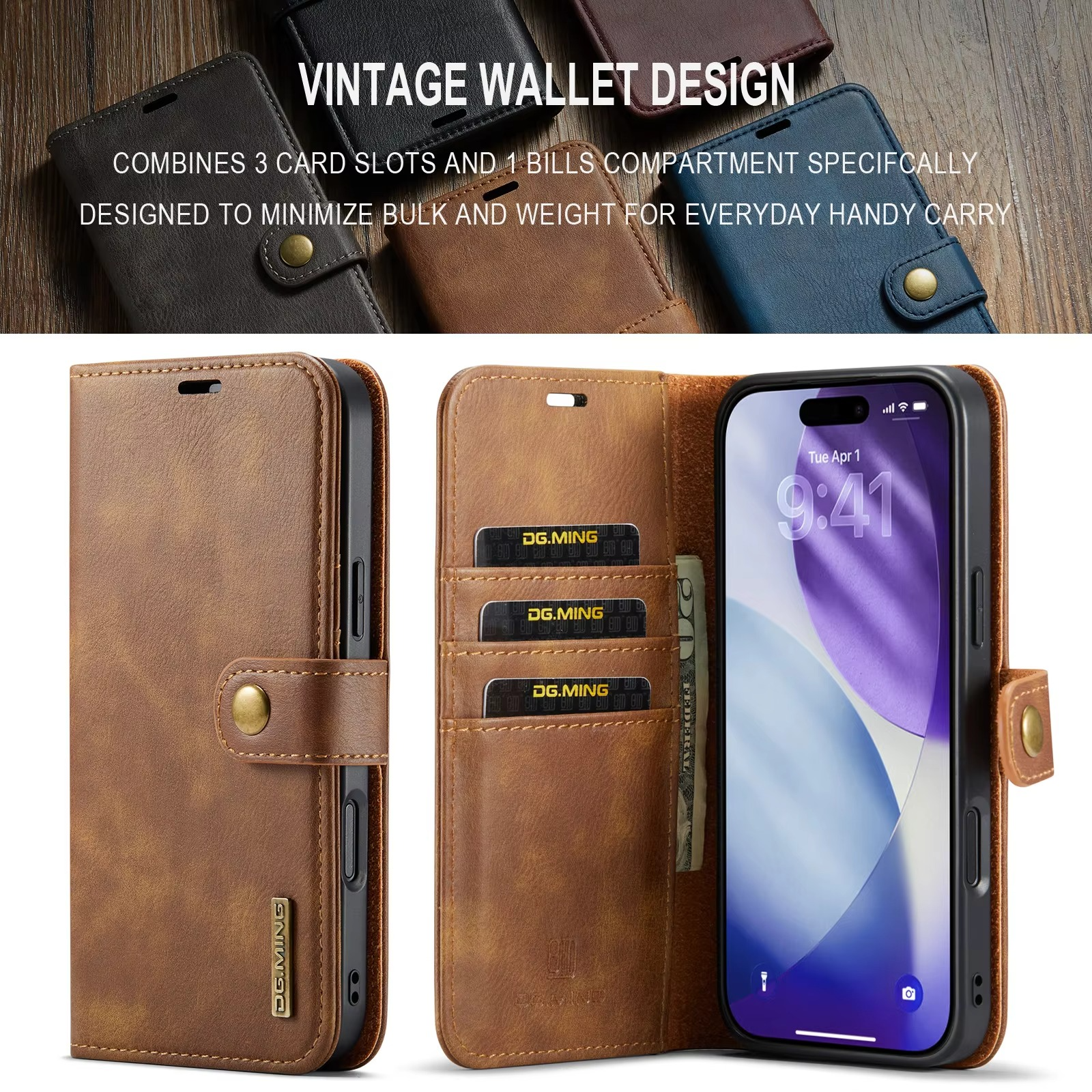Luxury iPhone Case — Detachable Magnetic Leather Wallet Cover with Card Holder, Flip Design and Protective Full-Body Finish