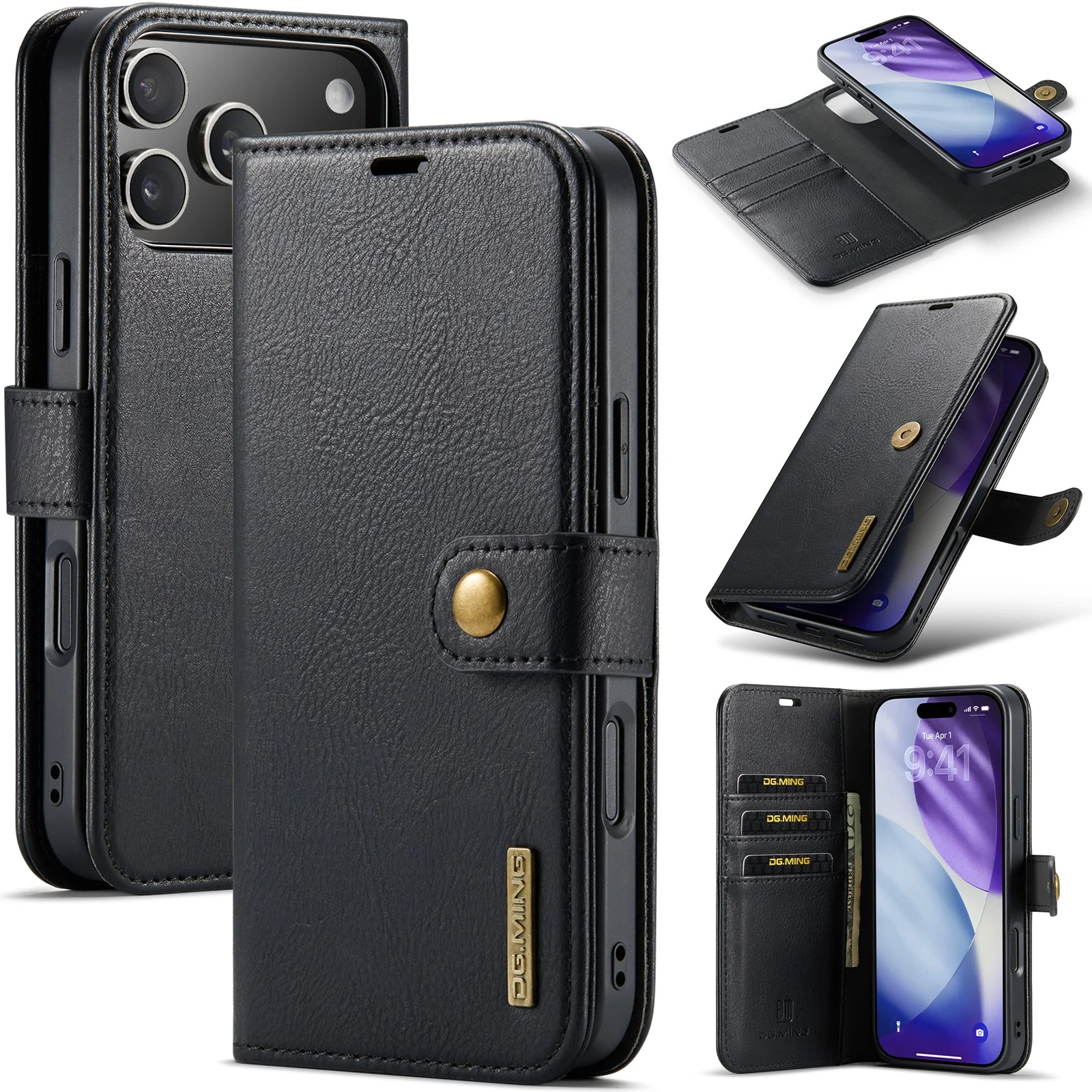 Luxury iPhone Case — Detachable Magnetic Leather Wallet Cover with Card Holder, Flip Design and Protective Full-Body Finish