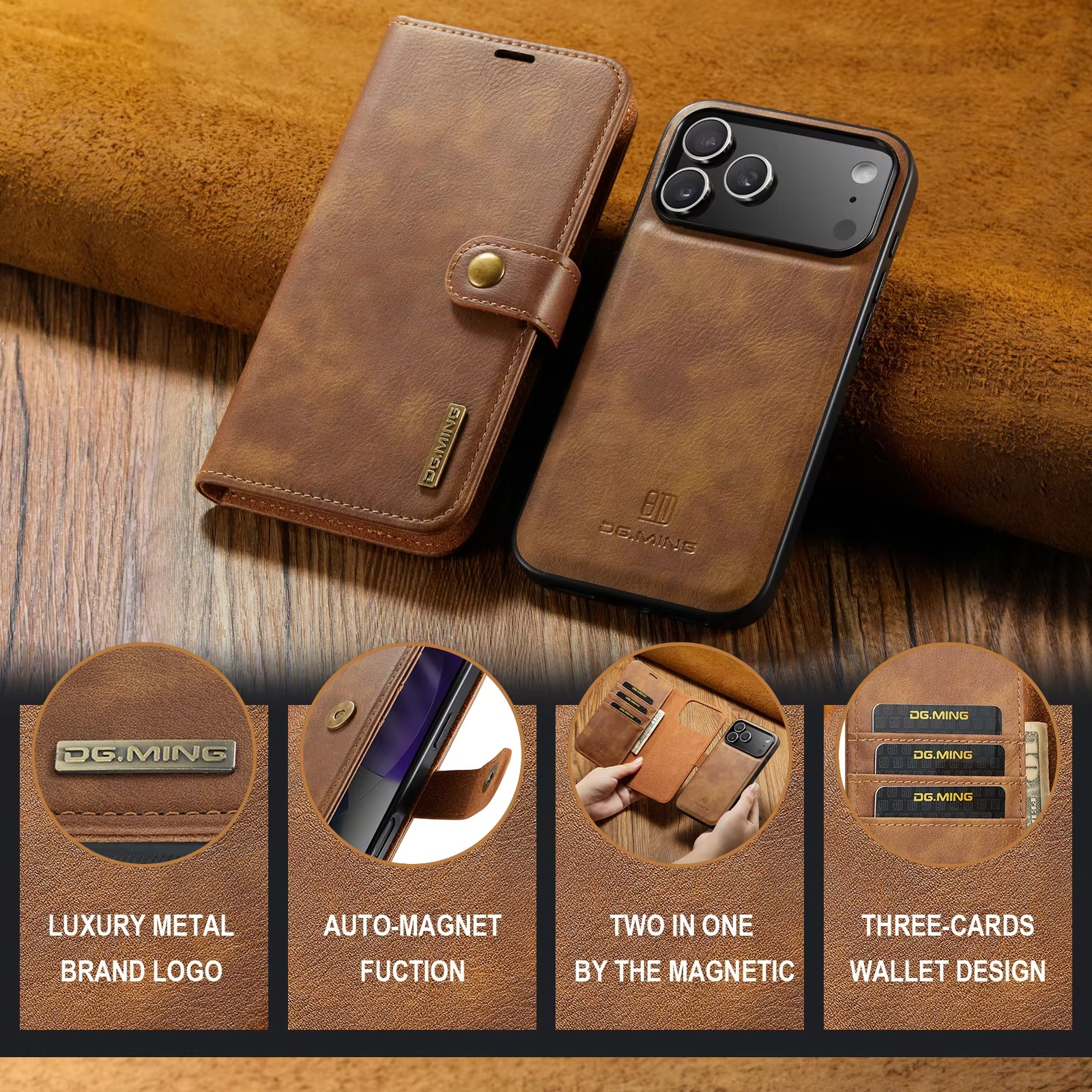 Luxury iPhone Case — Detachable Magnetic Leather Wallet Cover with Card Holder, Flip Design and Protective Full-Body Finish