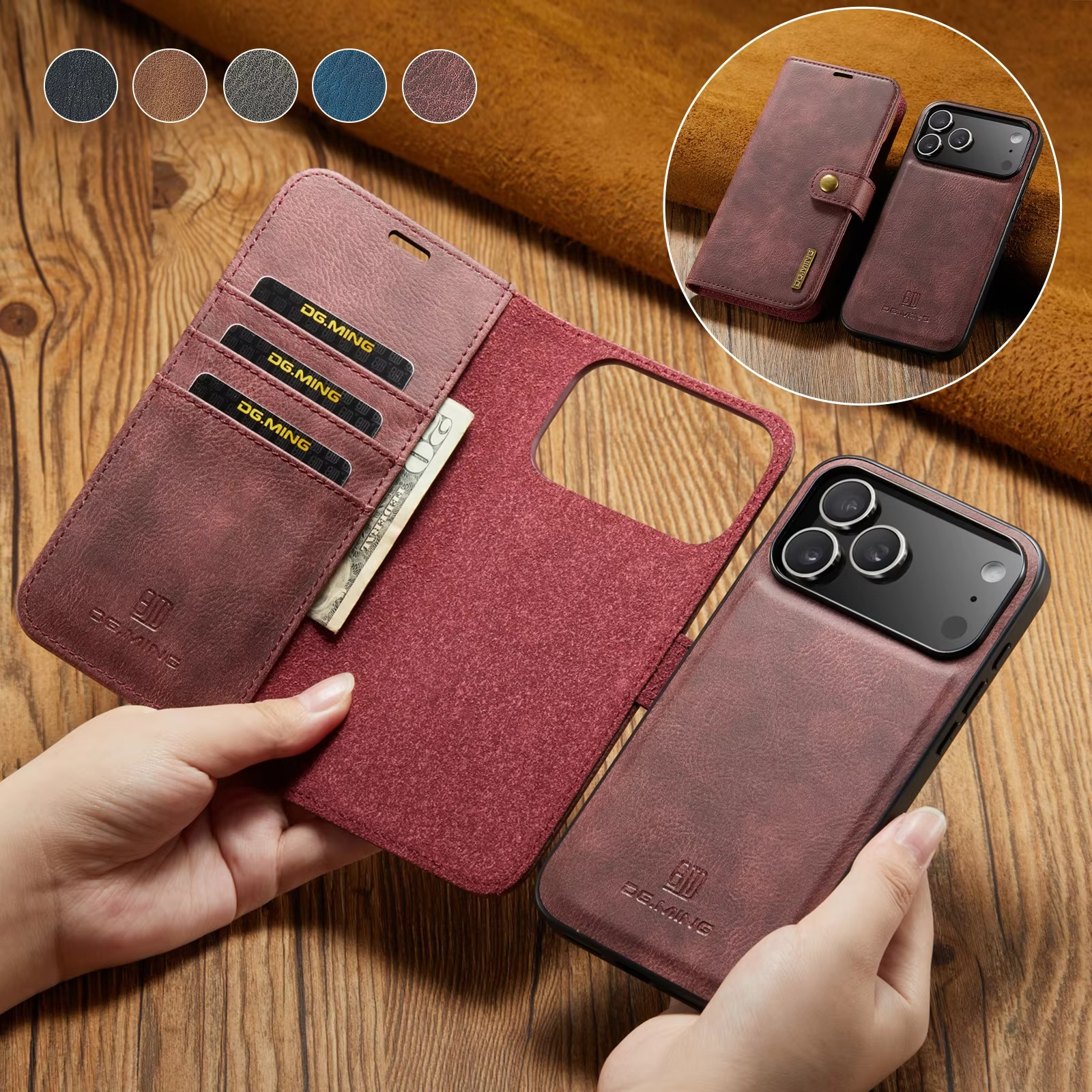Luxury iPhone Case — Detachable Magnetic Leather Wallet Cover with Card Holder, Flip Design and Protective Full-Body Finish