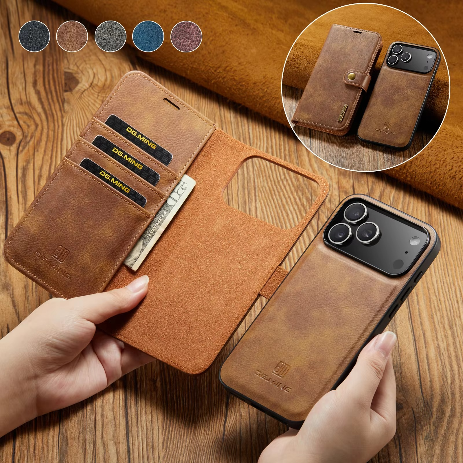 Luxury iPhone Case — Detachable Magnetic Leather Wallet Cover with Card Holder, Flip Design and Protective Full-Body Finish