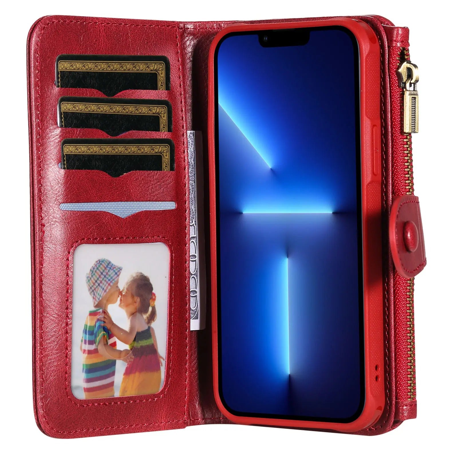 Luxury iPhone Case — Detachable Retro PU Leather Zipper Wallet Cover with Card Slots, Shockproof Anti-Fingerprint Protection & Dustproof Non-Slip Design