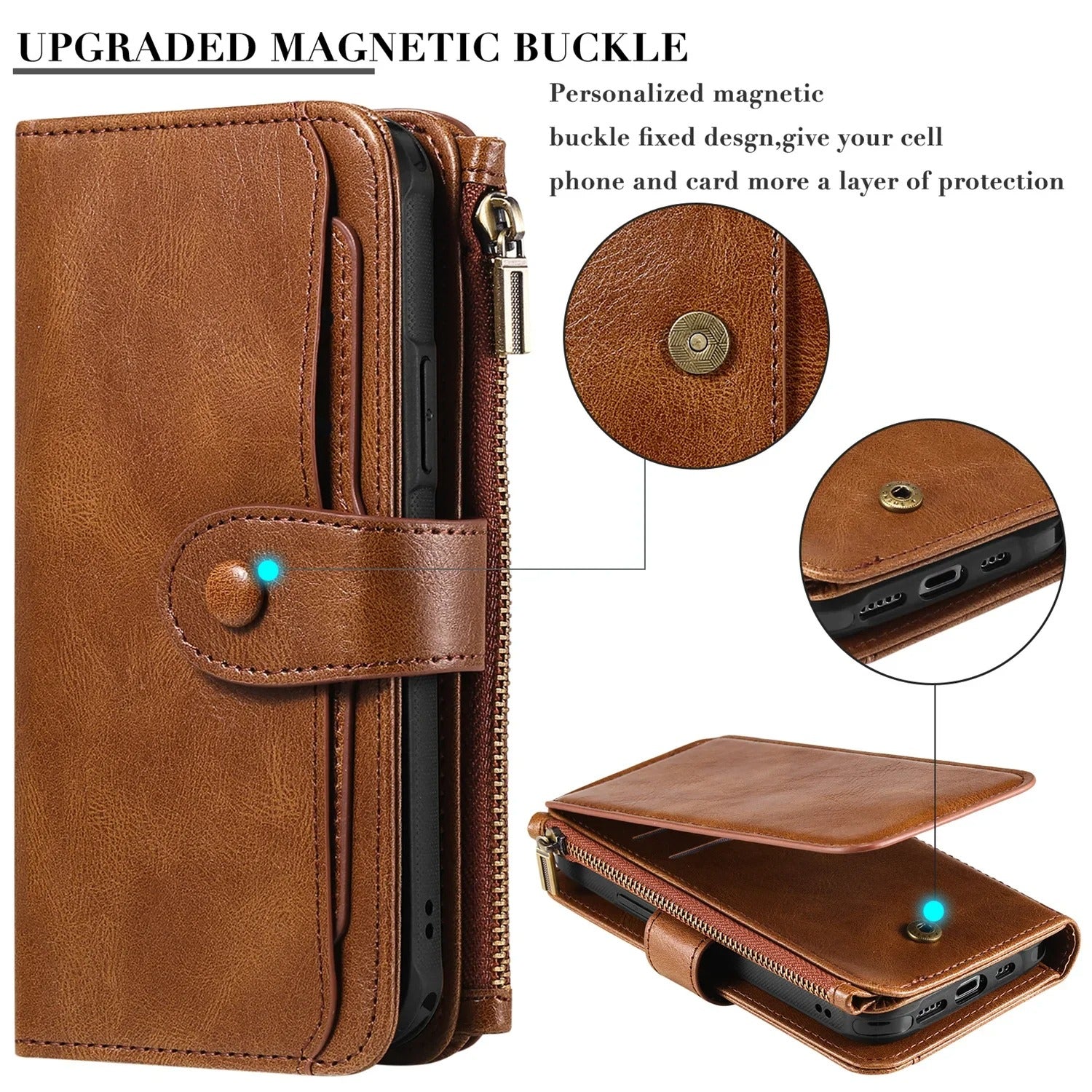 Luxury iPhone Case — Detachable Retro PU Leather Zipper Wallet Cover with Card Slots, Shockproof Anti-Fingerprint Protection & Dustproof Non-Slip Design