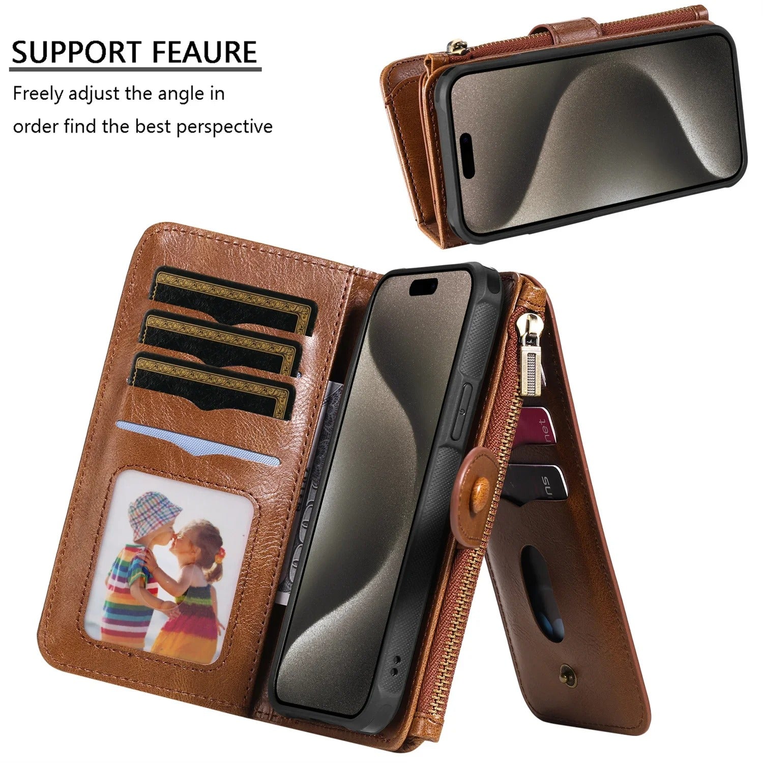 Luxury iPhone Case — Detachable Retro PU Leather Zipper Wallet Cover with Card Slots, Shockproof Anti-Fingerprint Protection & Dustproof Non-Slip Design