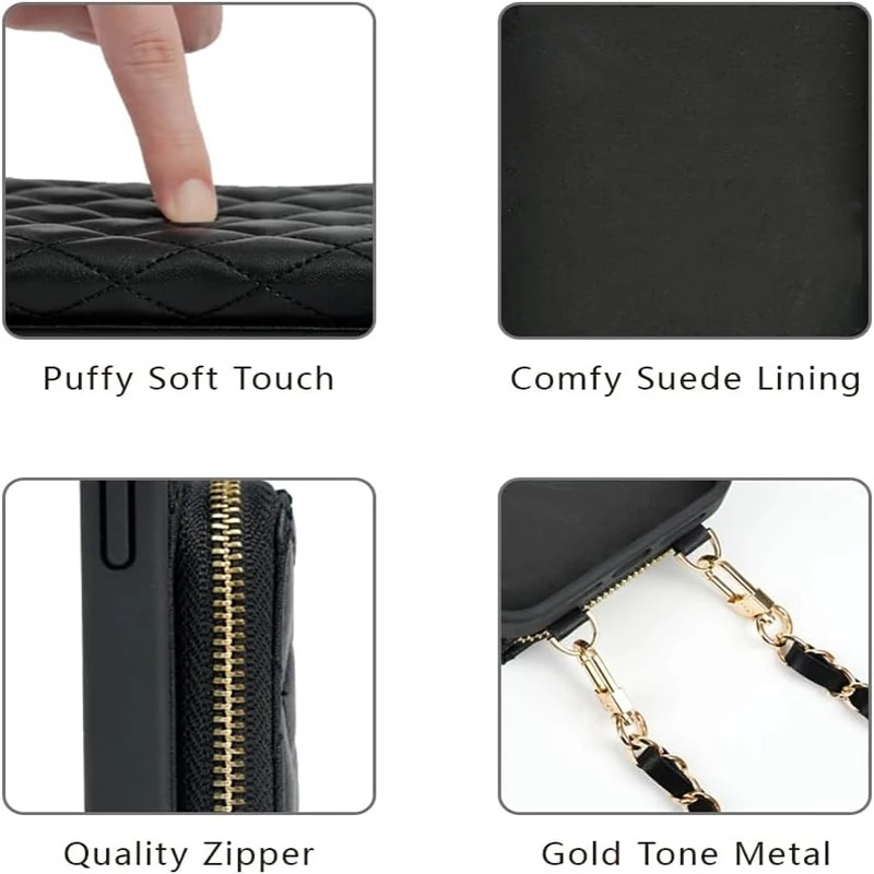 Luxury iPhone Case — Diamond-Stitch Crossbody Card Bag with Chain Strap, Shockproof Leather Design and Non-Slip Portable Protection