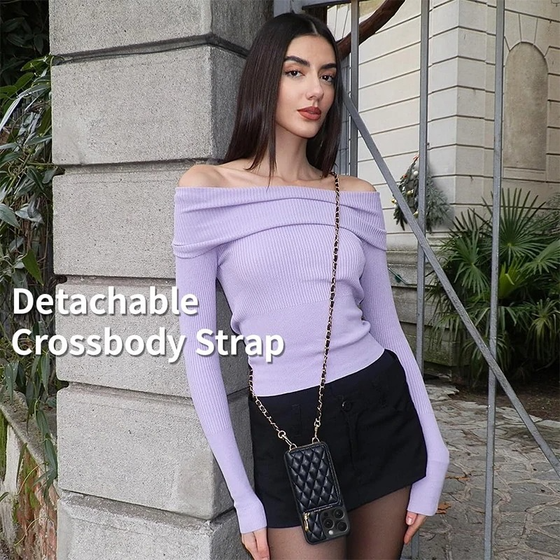 Luxury iPhone Case — Diamond-Stitch Crossbody Card Bag with Chain Strap, Shockproof Leather Design and Non-Slip Portable Protection