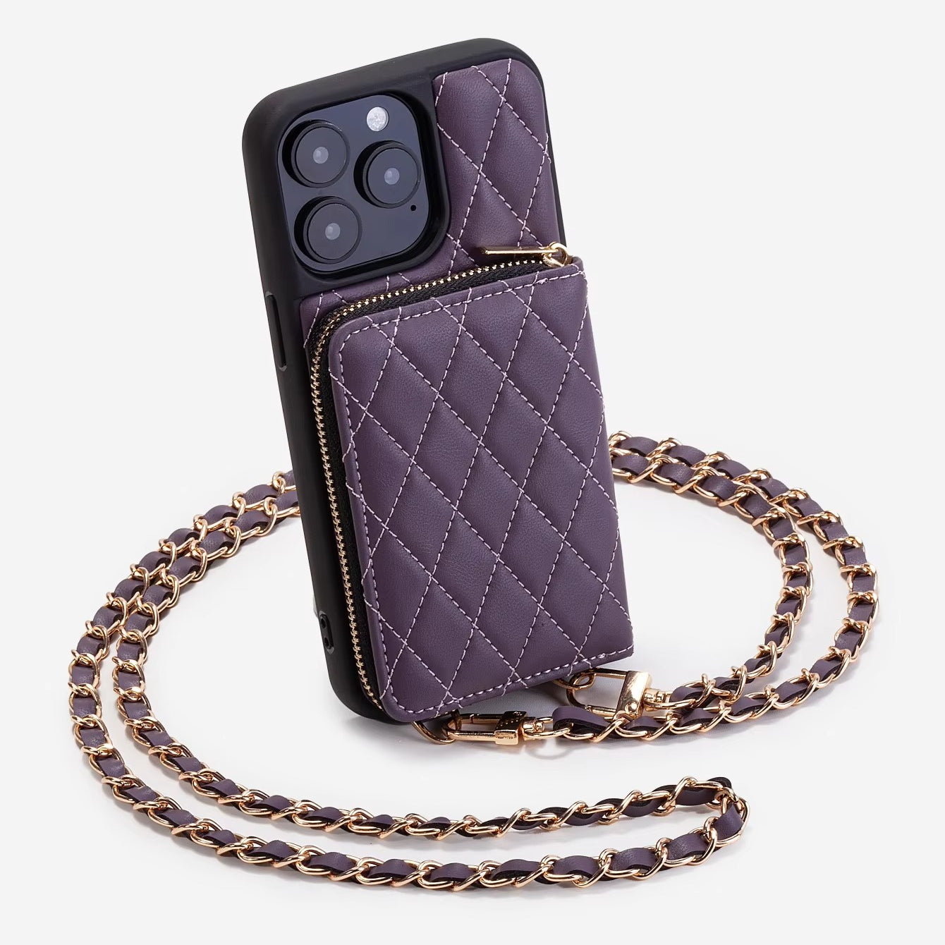 Luxury iPhone Case — Diamond-Stitch Crossbody Card Bag with Chain Strap, Shockproof Leather Design and Non-Slip Portable Protection