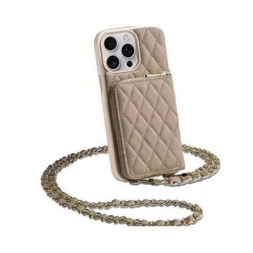 Luxury iPhone Case — Diamond-Stitch Crossbody Card Bag with Chain Strap, Shockproof Leather Design and Non-Slip Portable Protection
