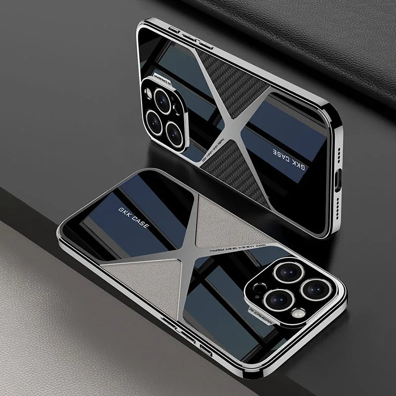 Luxury iPhone Case — Electroplated Frame Leather Cover with Splicing Back Panel, Anti-Fall Anti-Scratch Design & Non-Slip Water-Resistant Finish