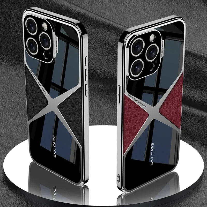 Luxury iPhone Case — Electroplated Frame Leather Cover with Splicing Back Panel, Anti-Fall Anti-Scratch Design & Non-Slip Water-Resistant Finish