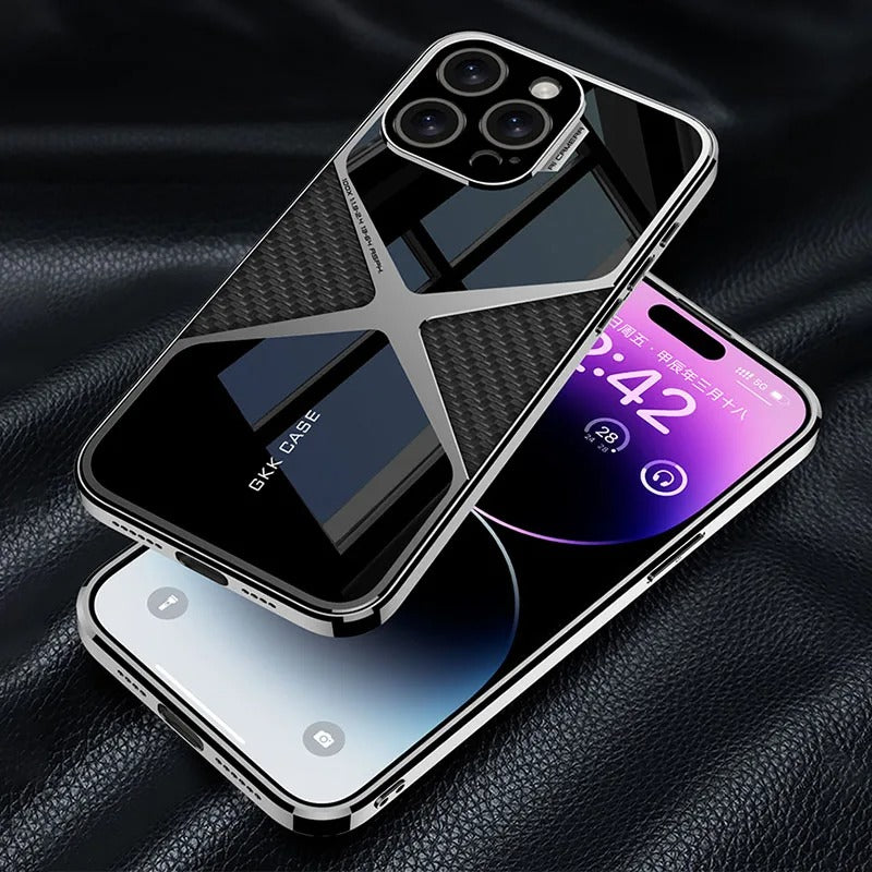 Luxury iPhone Case — Electroplated Frame Leather Cover with Splicing Back Panel, Anti-Fall Anti-Scratch Design & Non-Slip Water-Resistant Finish