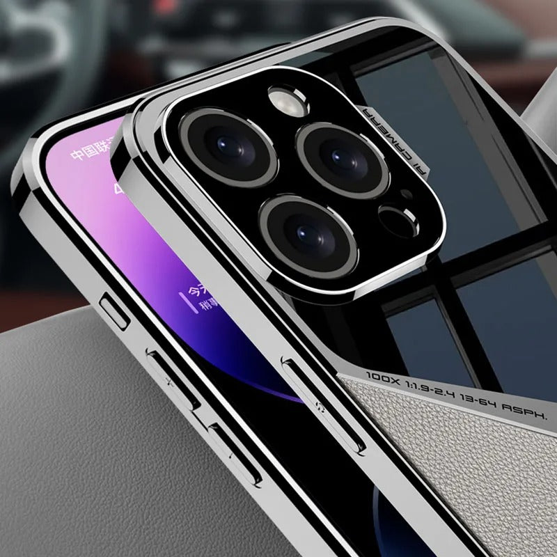 Luxury iPhone Case — Electroplated Frame Leather Cover with Splicing Back Panel, Anti-Fall Anti-Scratch Design & Non-Slip Water-Resistant Finish