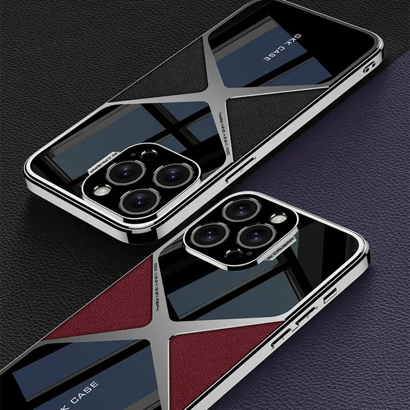 Luxury iPhone Case — Electroplated Frame Leather Cover with Splicing Back Panel, Anti-Fall Anti-Scratch Design & Non-Slip Water-Resistant Finish