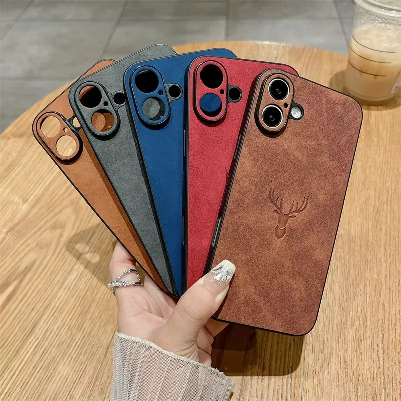 Luxury iPhone Case — Embossed Deer PU Leather Full-Coverage Shell with Anti-Fingerprint Anti-Scratch Protection & All-Round Camera Guard Design