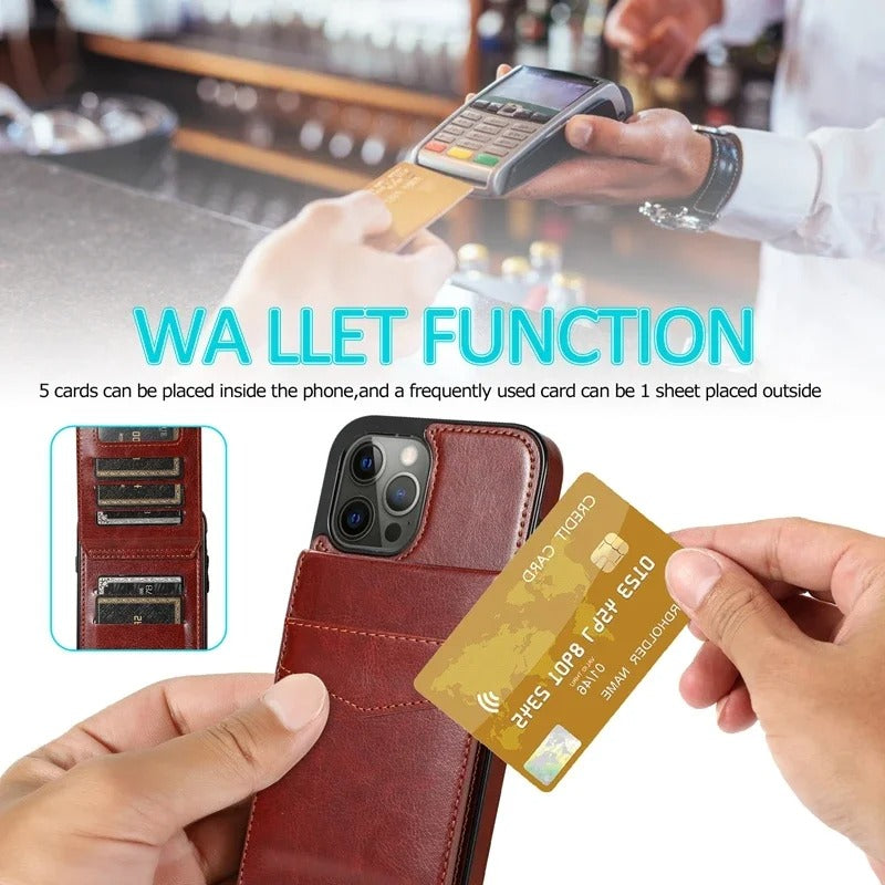 Luxury iPhone Case — Flip Stand Wallet with Card Holder, Retro Leather Cover, Shockproof Anti-Fingerprint Protection, Full Access Design