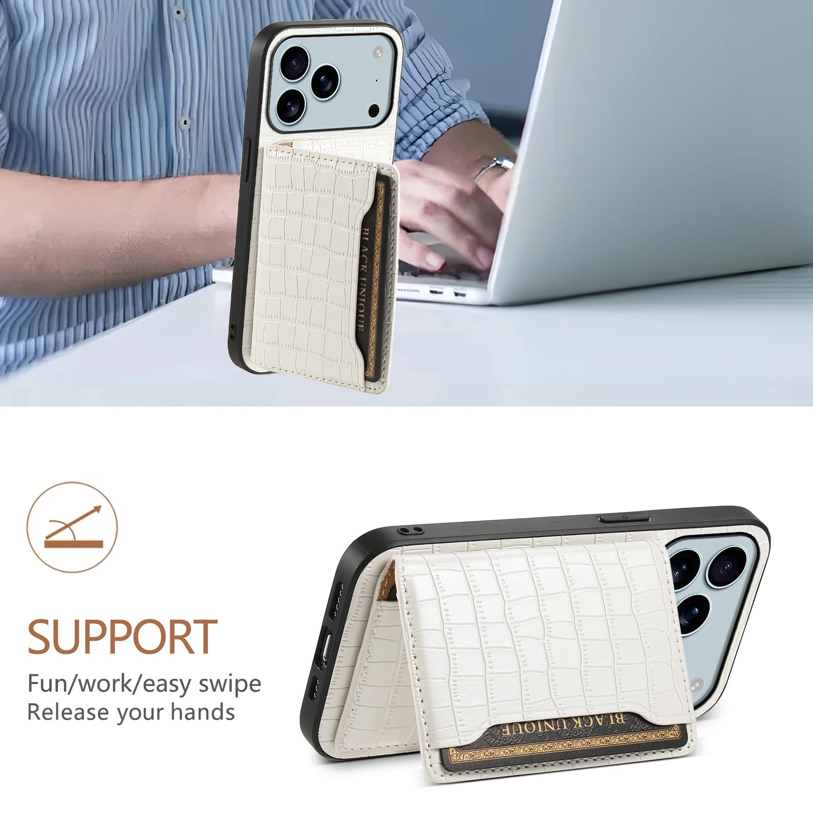 Luxury iPhone Case — Frosted PU Leather Stand Cover with Card Holder, Storage Compartment and Minimal Half-Wrapped Design