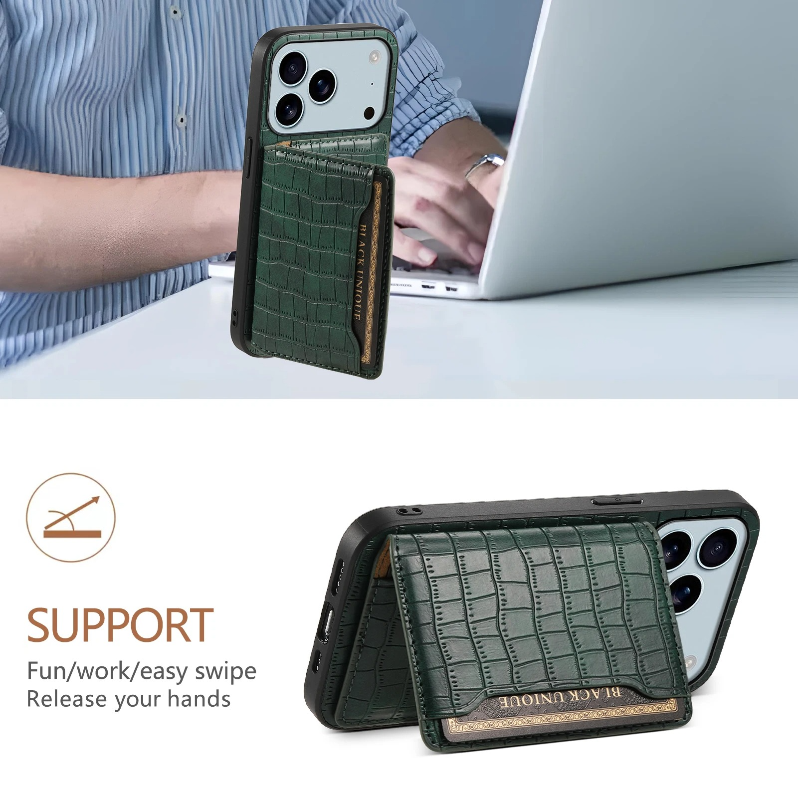 Luxury iPhone Case — Frosted PU Leather Stand Cover with Card Holder, Storage Compartment and Minimal Half-Wrapped Design