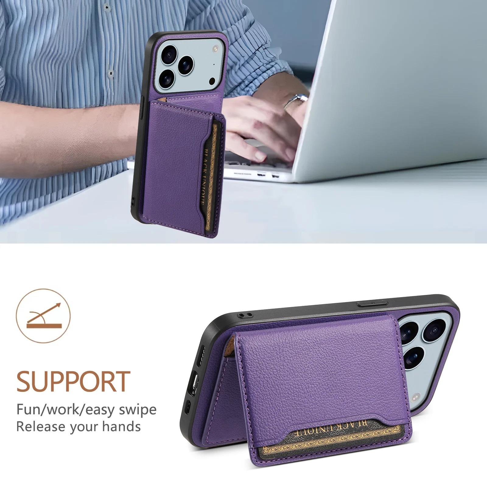 Luxury iPhone Case — Frosted PU Leather Stand Wallet Cover with Card Holder and Minimal Protective Design