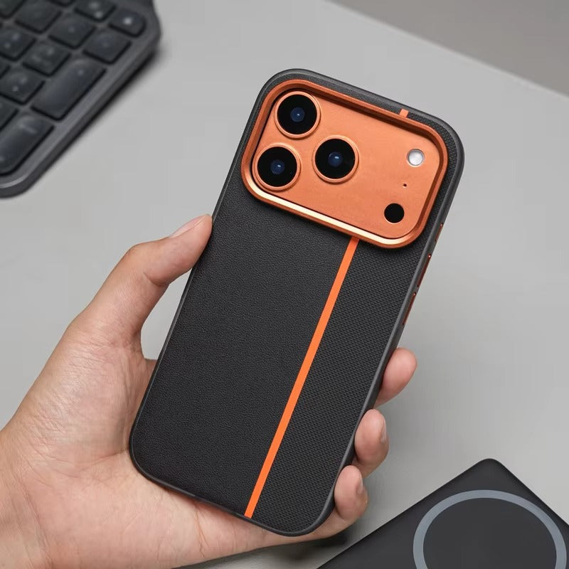 Luxury iPhone Case — Frosted PU Leather Texture MagSafe Armor Cover with Alloy Lens Protection, Matte Anti-Fingerprint Finish and Shockproof TPU Edge Design