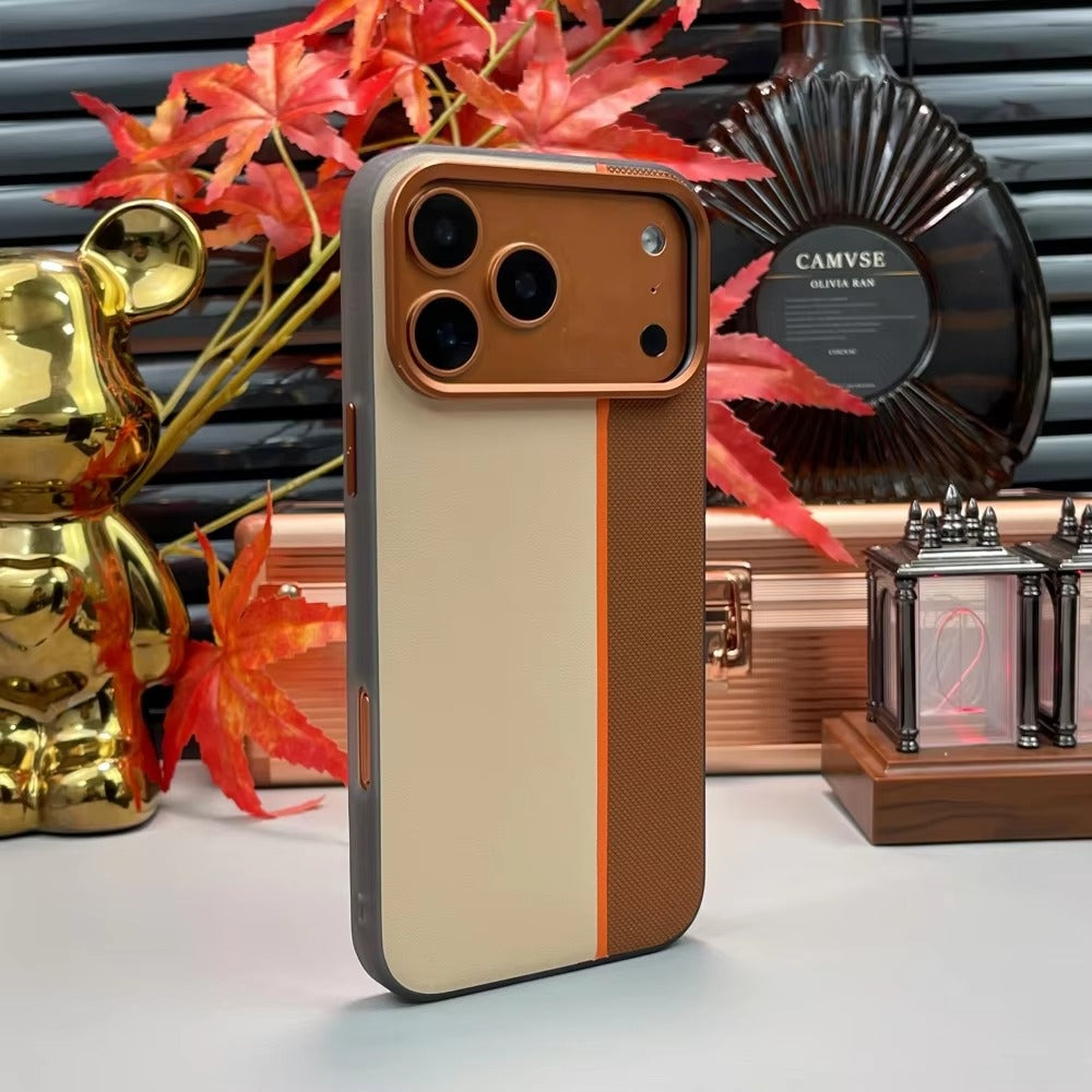 Luxury iPhone Case — Frosted PU Leather Texture MagSafe Armor Cover with Alloy Lens Protection, Matte Anti-Fingerprint Finish and Shockproof TPU Edge Design