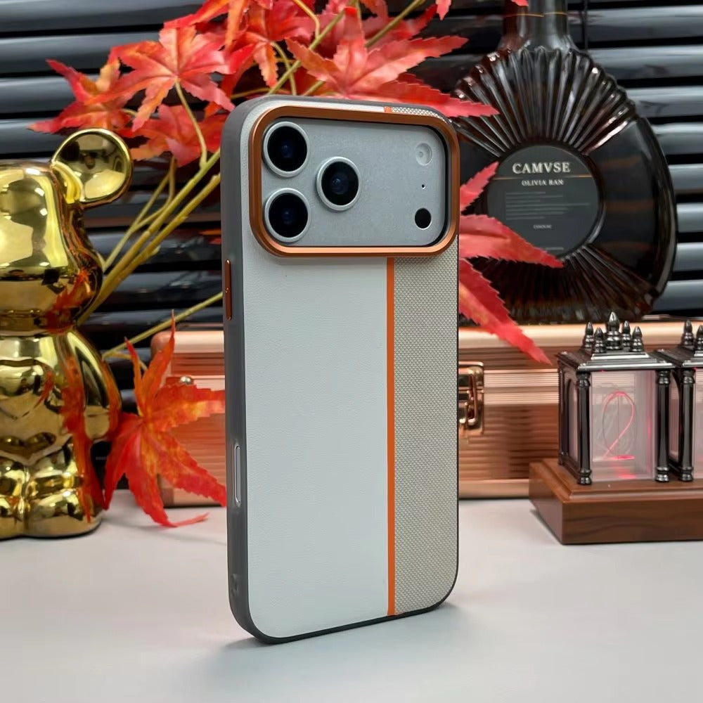 Luxury iPhone Case — Frosted PU Leather Texture MagSafe Armor Cover with Alloy Lens Protection, Matte Anti-Fingerprint Finish and Shockproof TPU Edge Design