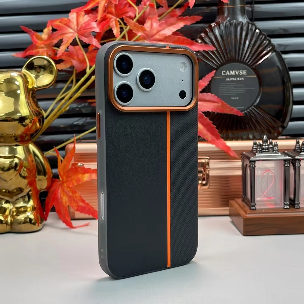 Luxury iPhone Case — Frosted PU Leather Texture MagSafe Armor Cover with Alloy Lens Protection, Matte Anti-Fingerprint Finish and Shockproof TPU Edge Design