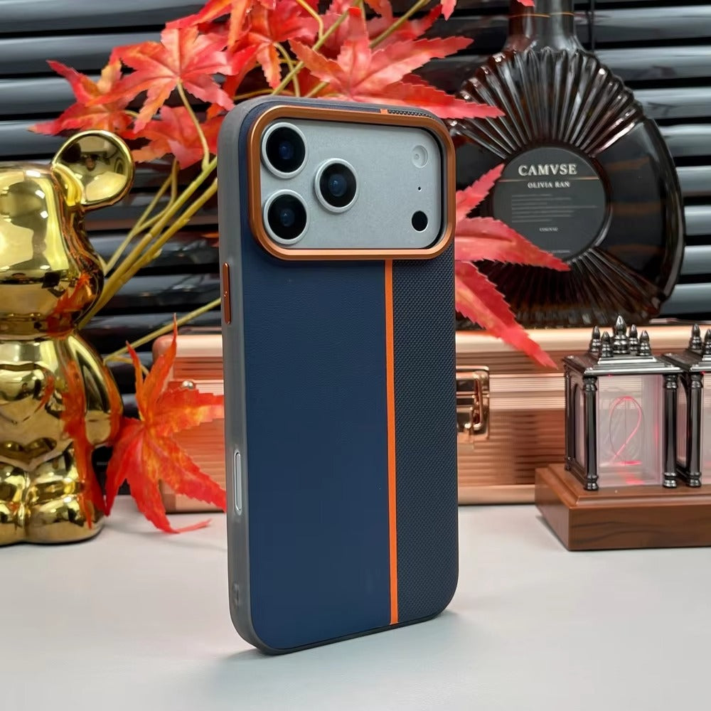 Luxury iPhone Case — Frosted PU Leather Texture MagSafe Armor Cover with Alloy Lens Protection, Matte Anti-Fingerprint Finish and Shockproof TPU Edge Design