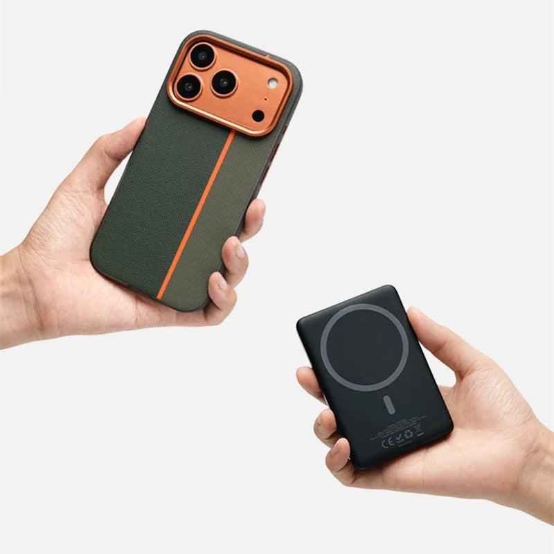 Luxury iPhone Case — Frosted PU Leather Texture MagSafe Armor Cover with Alloy Lens Protection, Matte Anti-Fingerprint Finish and Shockproof TPU Edge Design